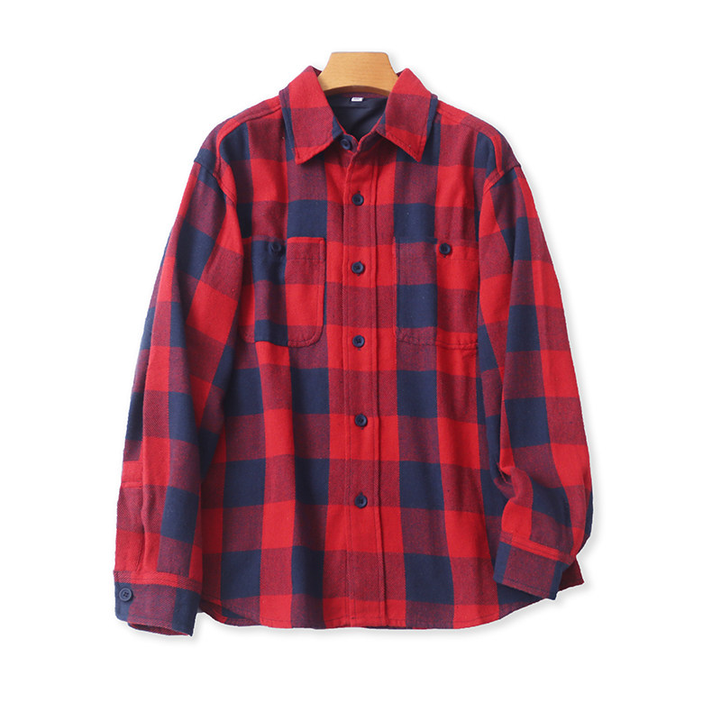 翻领格子外套 春秋新款长袖纽扣开衫外贸宽松休闲女上衣衬衫25124