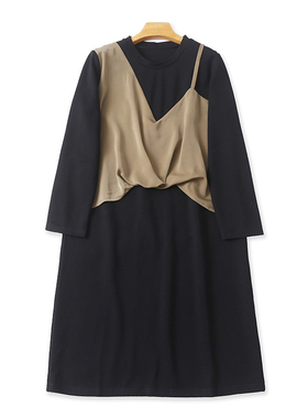 外贸圆领拼色连衣裙 春秋新款时尚假两件女套头长袖大版裙子04264