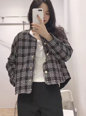 外贸圆领小香风夹棉外套 春秋款时尚格子夹克女显瘦修身上衣01152