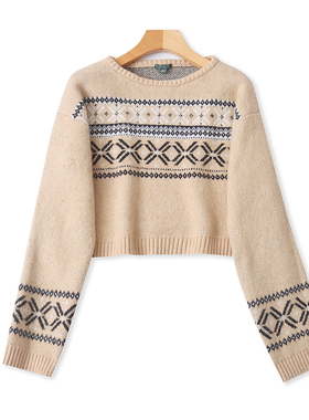 外贸短款圆领钩花毛衣秋 冬新款长袖保暖加厚针织衫休闲上衣22114