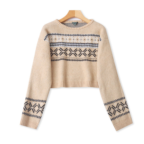 外贸短款圆领钩花毛衣秋冬新款