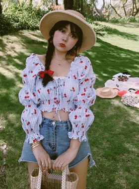 法式格子印花小衫 夏季新款甜美时尚短款长袖系带女打底上衣20303