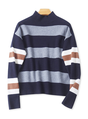 立领条纹针织衫 春秋新款宽松长袖毛衣男女套头宽松休闲上衣15512