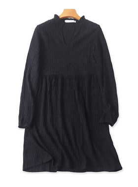 外贸长袖V领连衣裙 春秋新款百搭显瘦中长款A字女装时尚裙子15404