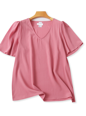V领喇叭袖T恤衫 夏季新款薄款显瘦体恤女打底衫宽松休闲上衣17523