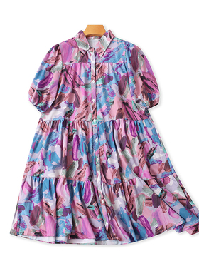 翻领印花短袖连衣裙 夏季新款宽松大版显瘦女中长款衬衫裙子10412