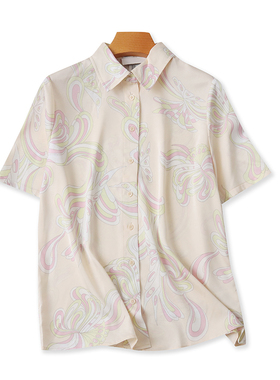 翻领印花衬衫 夏季新款纽扣开衫短袖衬衣外贸百搭时尚女上衣11292