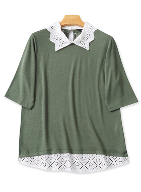 外贸翻领短袖T恤衫 夏季新款宽松休闲拼色刺绣体恤衫女上衣 08384