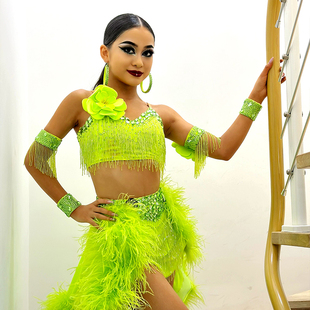 星辰舞服拉丁舞比赛花服莱姆绿花朵鸵鸟毛活力高级女童成人演出服