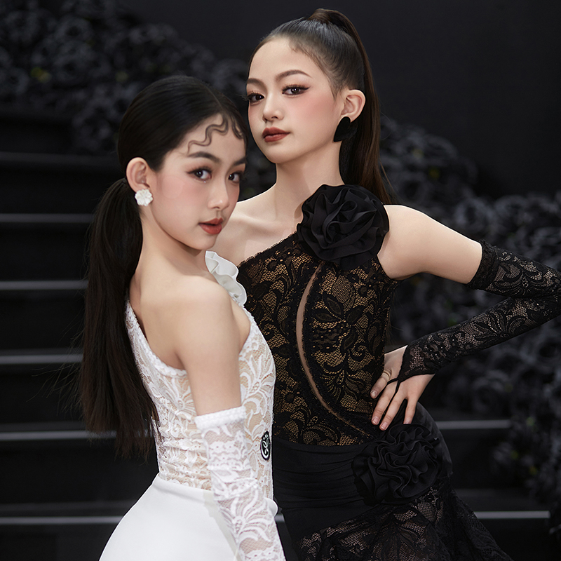 星辰舞服拉丁舞练习服花朵蕾丝暗花纹斜肩优雅高级飘逸