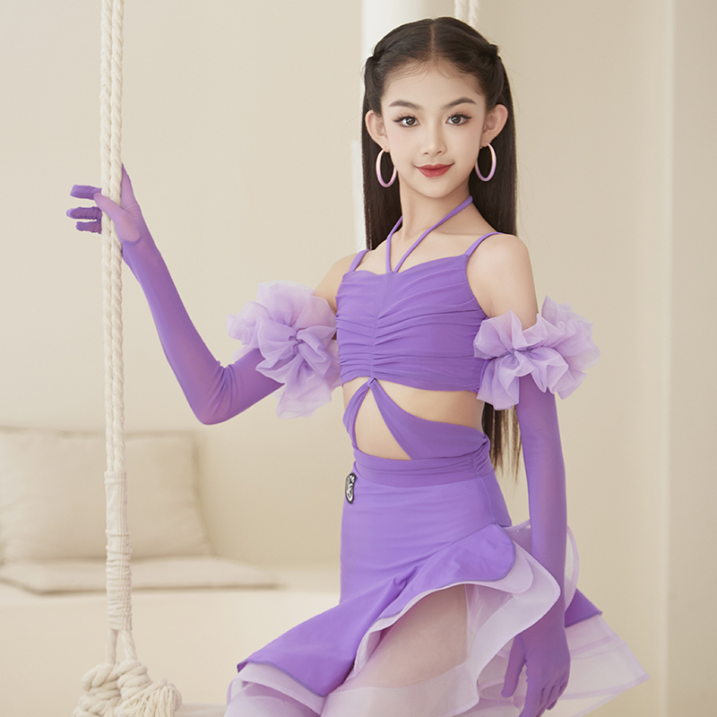 星辰舞服拉丁舞练习套装舒适合身飘逸女童新款显白高贵色集体表演
