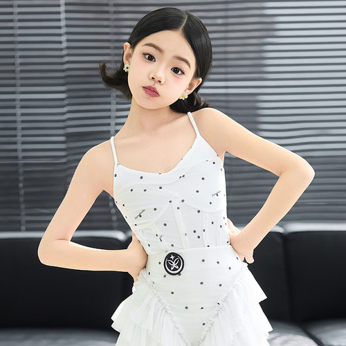 星木漾拉丁舞服「波点芭蕾」云朵白波点儿童拉丁舞练功服