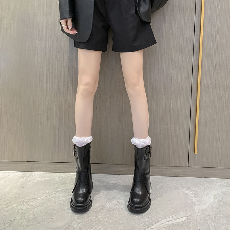 时尚单靴女2025秋冬季新款内增高短靴厚底皮带扣白色女靴子马丁靴