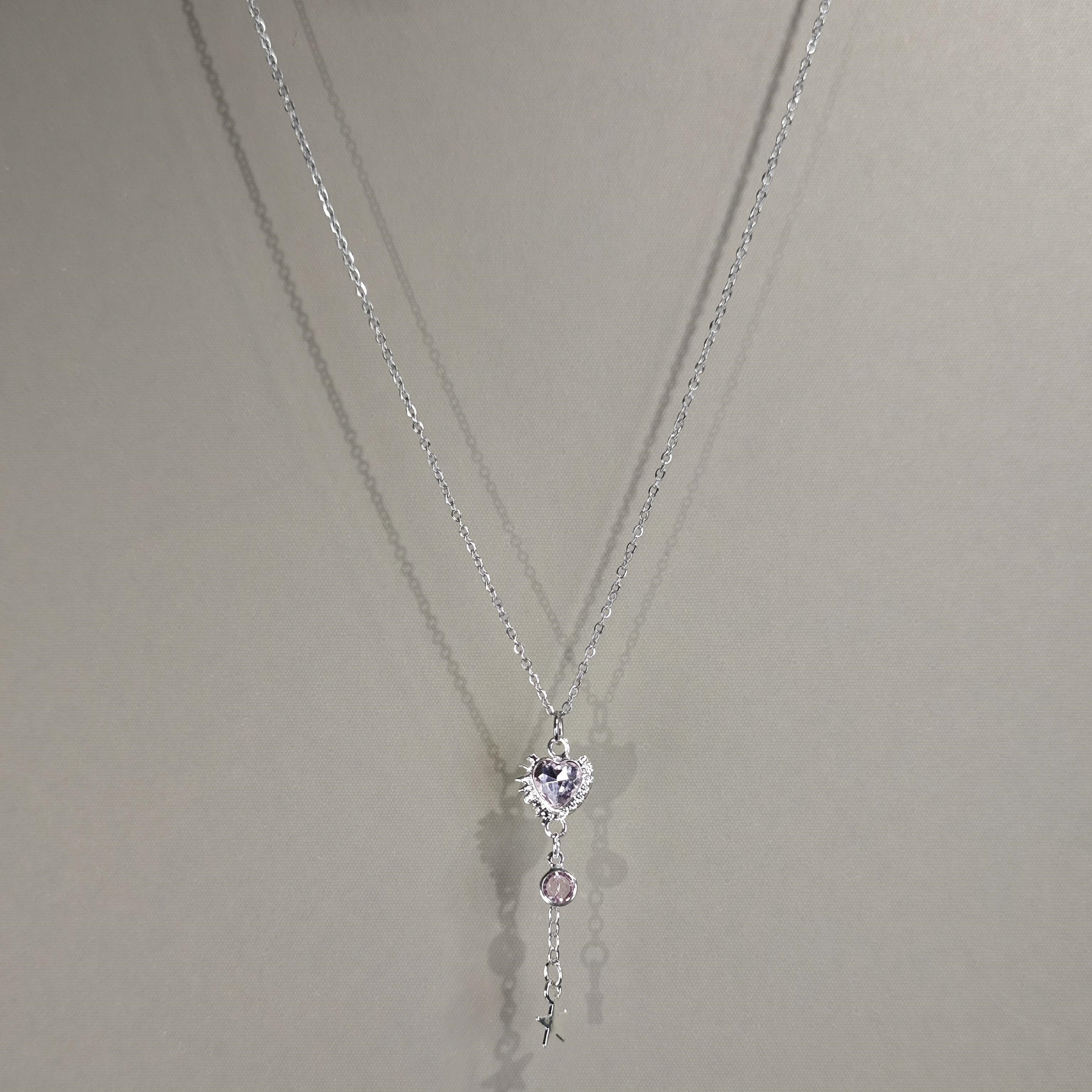 粉色琉璃爱心星星流苏项链