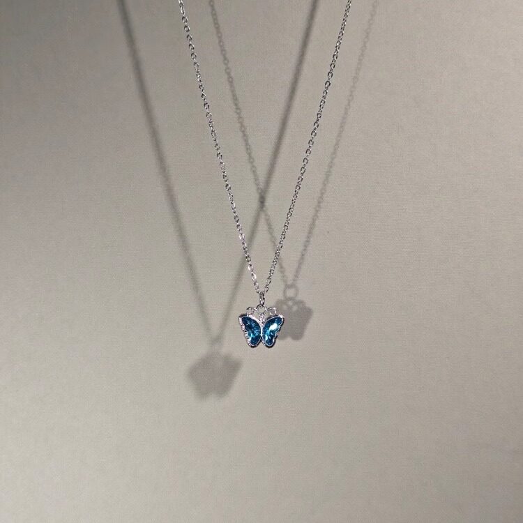 宝蓝色蝴蝶水晶项链女生锁骨链