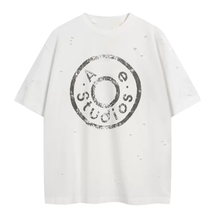 AC 做旧破洞纽扣LOGO字母印花短袖T恤 白色 S-XL  8093#