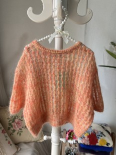 橘色微镂空短袖马海毛毛衣女宽松慵懒风套头针织衫外穿上衣