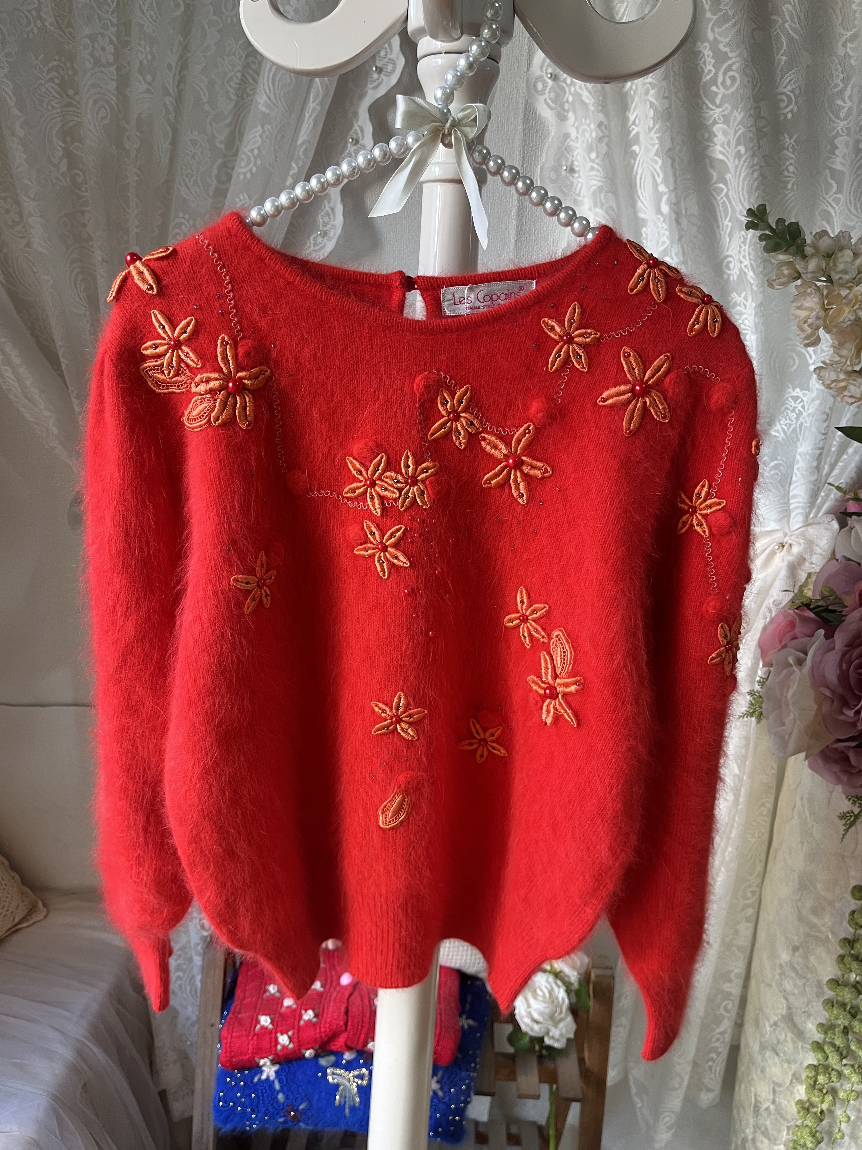 卢昱晓类似款大红色圆领满身立体花朵刺绣兔毛拉毛针织宽松毛衣,女装/女士精品,毛衣,淘宝优惠券,粉丝福利购,淘宝优惠卷