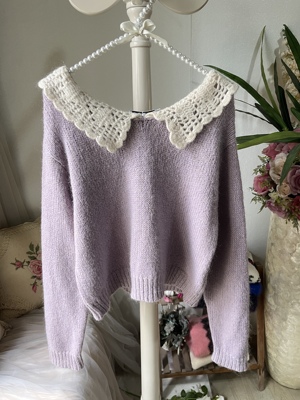 日系甜美淡紫色娃娃领毛衣马海毛秋冬季千金风大码内搭减龄毛衣