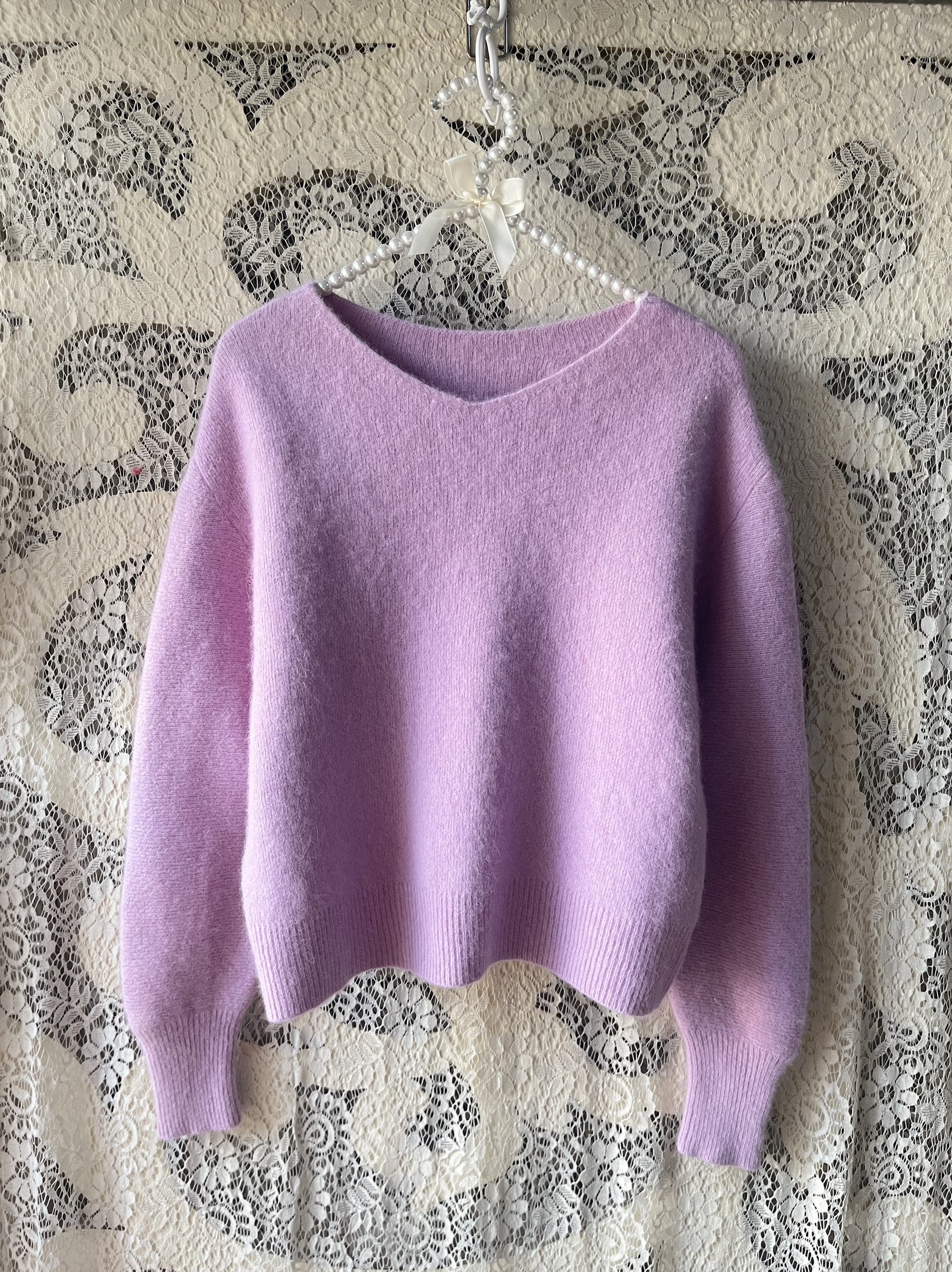 新款高端淡紫色纯山羊绒拉绒V领纯色法式宽松针织衫毛衣粉色套头