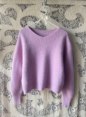 新款高端淡紫色纯山羊绒拉绒V领纯色法式宽松针织衫毛衣粉色套头