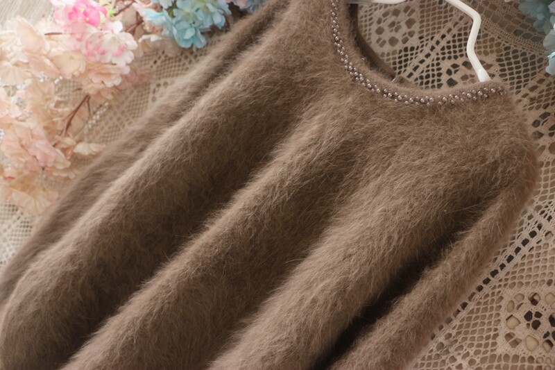 咖啡色珍珠圆领长毛毛加厚大蝙蝠袖套头毛衣原单单品2021新品兔毛