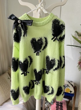 复古毛衣绿色爱心桃圆领马海毛羊毛混纺加厚女套头加厚宽松毛衣