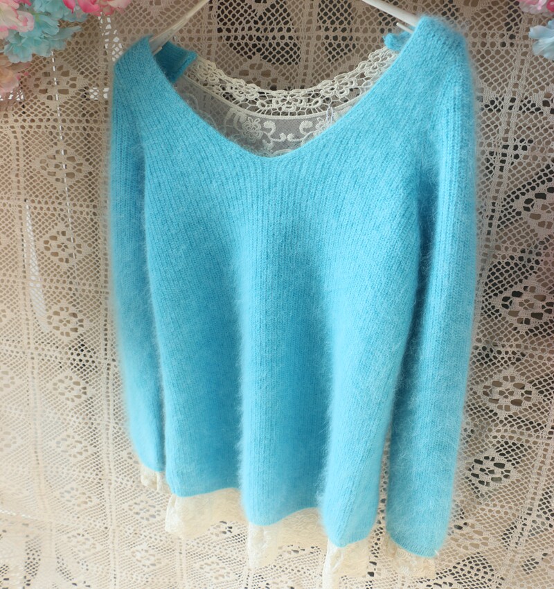 天蓝色性感露肩大V领后背刺绣微镂空甜美毛茸茸蕾丝套头兔毛