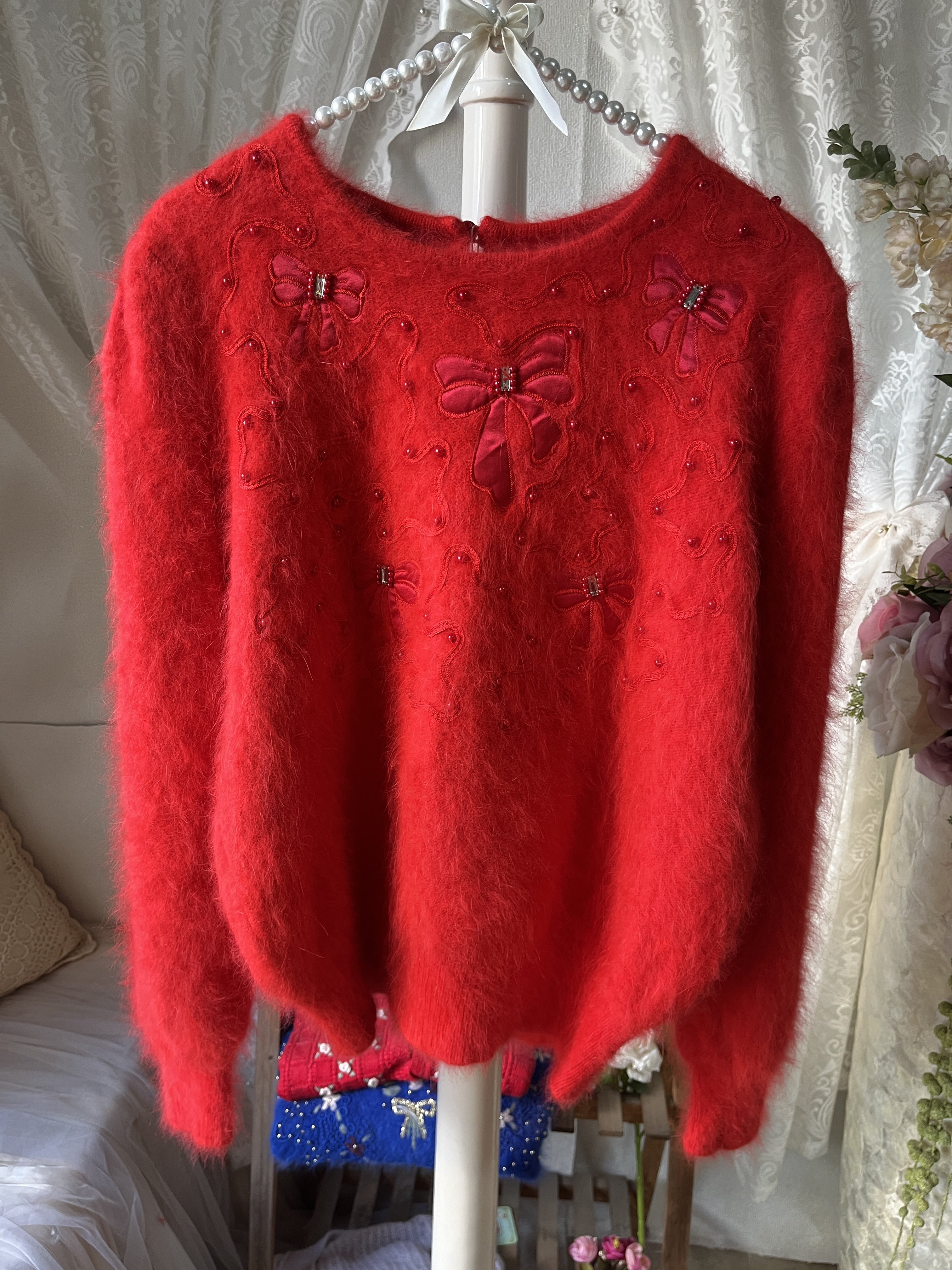 日系甜美大红色圆领满身蝴蝶结刺绣布艺宽松长兔毛拉毛套头毛衣,女装/女士精品,毛衣,淘宝优惠券,粉丝福利购,淘宝优惠卷