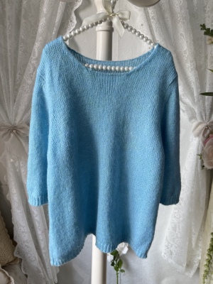 日系浅蓝色圆领马海毛短袖毛衣宽松慵懒风软糯针织衫套头羊毛毛衣