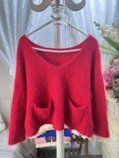 日系甜美风大红色棒针V领软糯针织长毛兔毛超柔软元 旦过年红毛衣