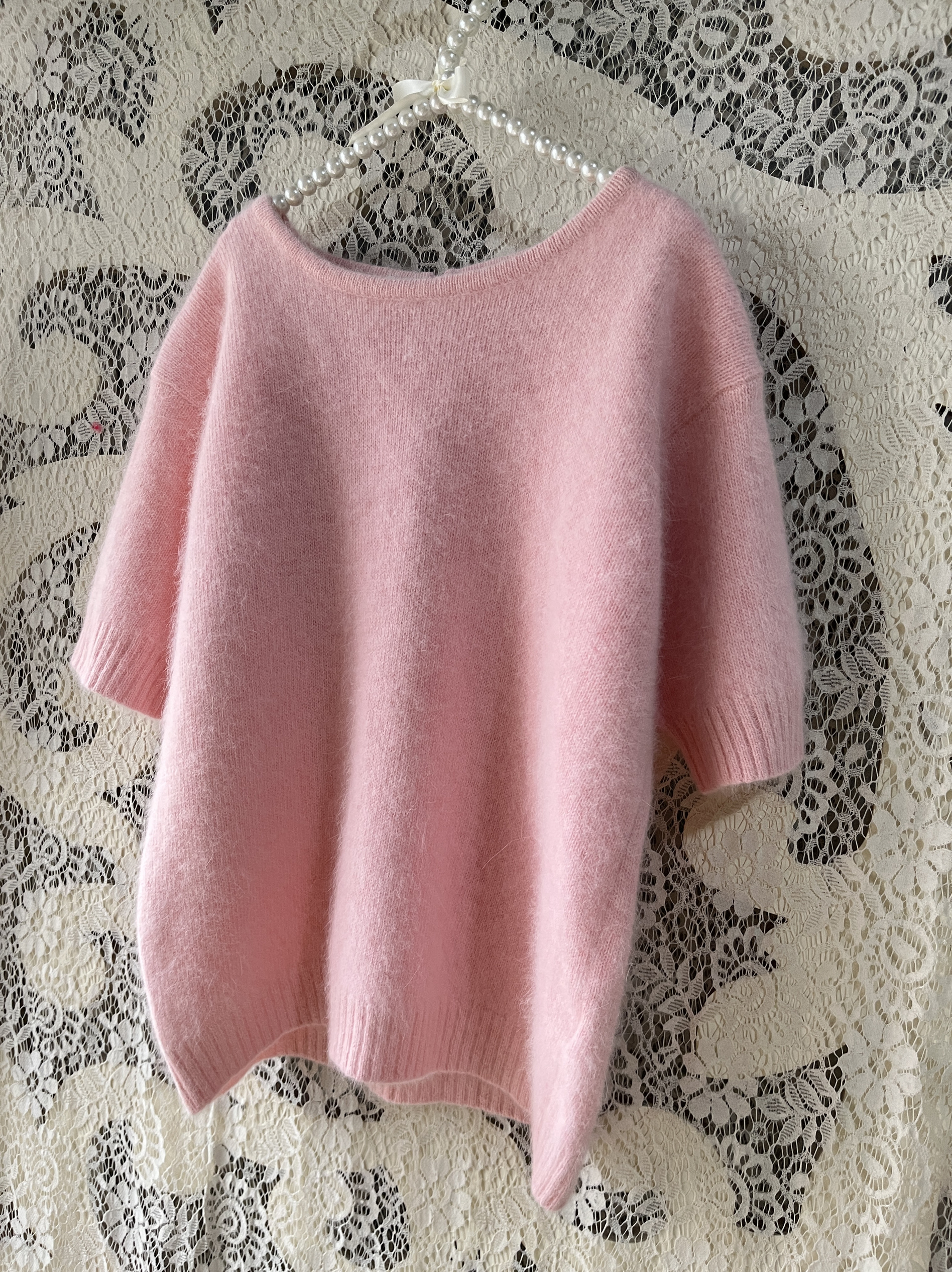 淡粉色纯色圆领T恤女秋冬设计感宽松显瘦百搭上衣女软糯兔毛套头