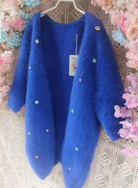 新品宝蓝色披肩加厚镶嵌宝石后尾开叉晚礼服高端皮草外套冬款