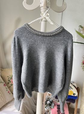 复古毛衣灰色重工钉珠圆领收腰长袖毛衣宋佳同款纯色百搭针织上衣