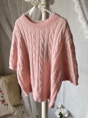 日系粉色圆领麻花马海毛短袖毛衣女夏季软糯羊毛针织衫上衣