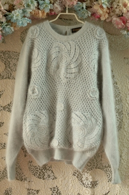 新品  浅绿色双层钩花套仙美原单单品套头安哥拉长袖兔毛