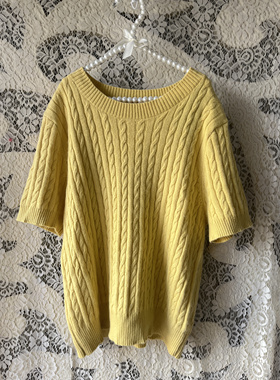 004004新款女圆领100山羊绒休闲绞花短袖套衫黄色麻花短袖