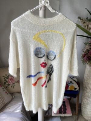 白色圆领套头毛衣女宽松慵懒风软糯针织衫外穿马海毛白色短袖上衣