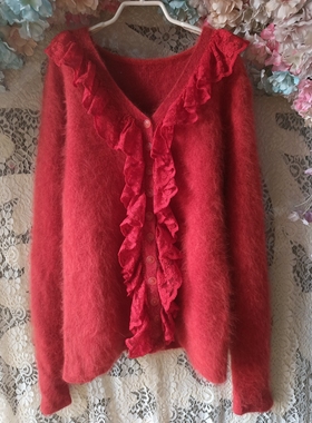 2024新品  大红色木耳花边超甜美开衫加厚冬款安哥拉长袖兔毛