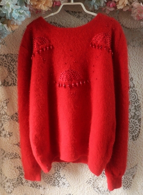 卢昱晓类似款大红喜气大红色套头 珠珠小伞图案安哥拉长袖兔毛