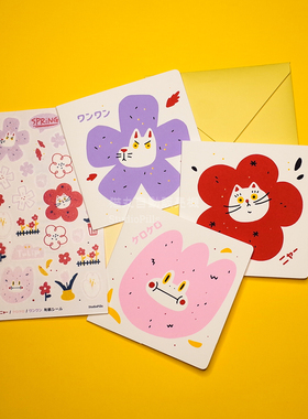 StudioPills-はな花花原创粉红手工丝网印贺卡花郁金香猫咪汪汪蛙