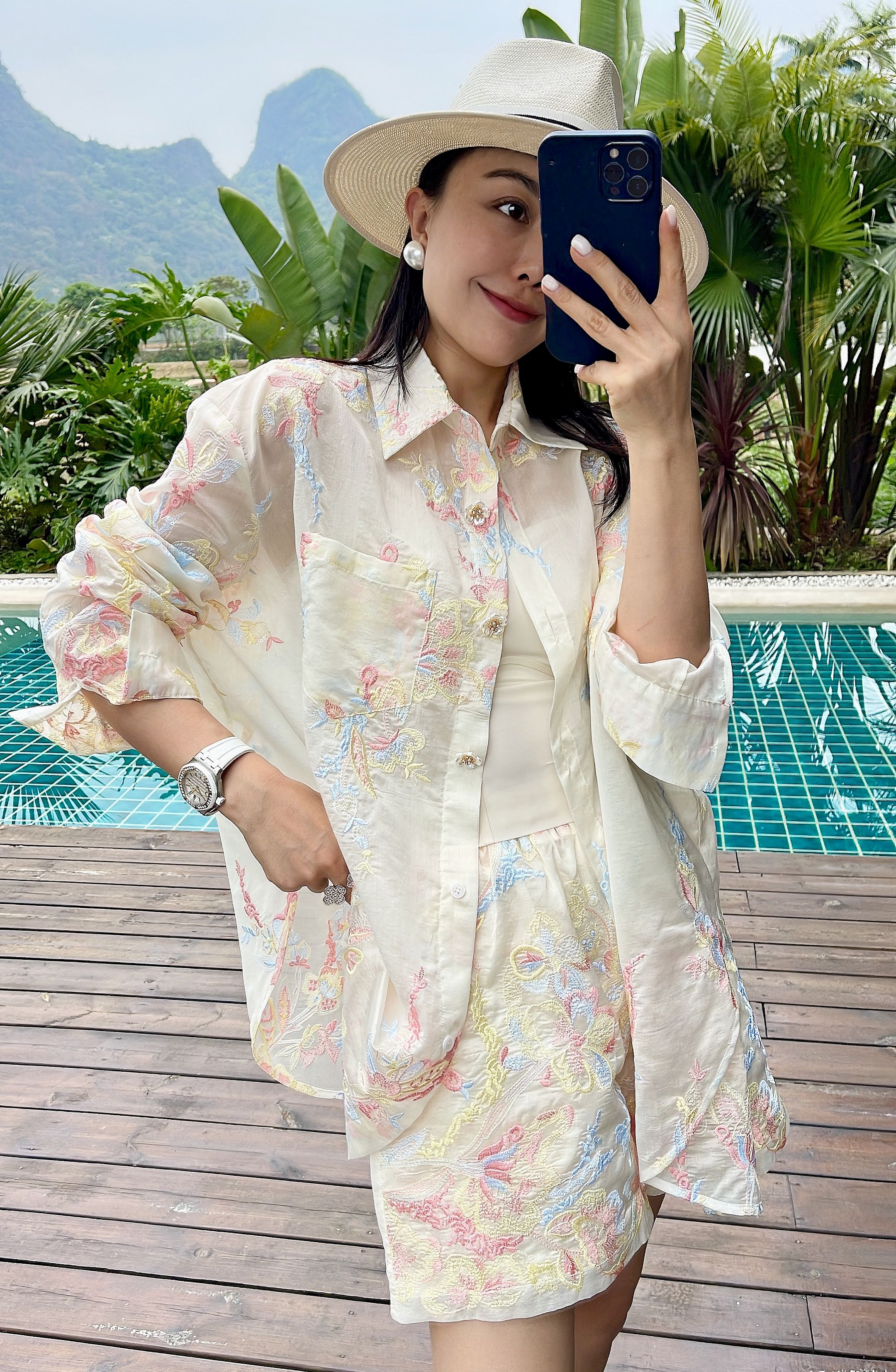 2025新款度假风时尚刺绣防晒天丝衬衫短裤套装女夏装大码宽松显瘦