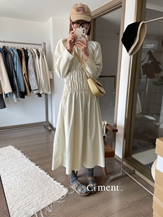 ciment 米色温柔收腰水洗棉连衣裙 韩国代购