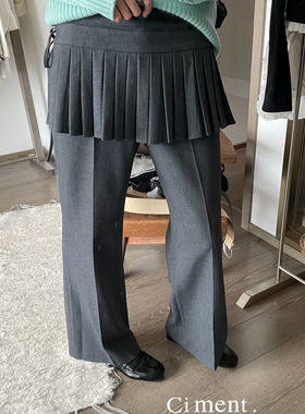 ciment 设计感显瘦深灰色加绒百褶屁帘西裤两件套裙裤长裤