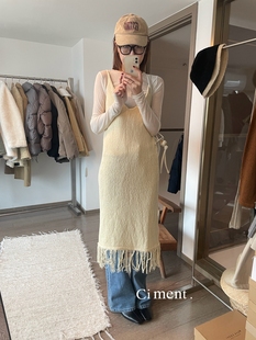 ciment 韩国代购 米色针织吊带流苏叠穿背心裙连衣裙