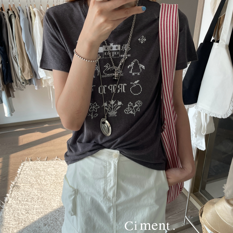 ciment 薄款棉麻可爱图案短袖T恤