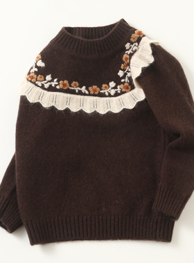 女童毛衣儿童羊绒衫秋冬新款宝宝手工刺绣甜美加厚中领针织打底衫