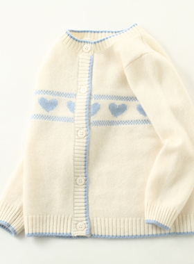 康赛妮纱线100%纯羊绒衫开衫女童毛衣儿童爱心白色洋气外套针织衫