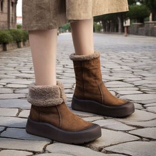 真皮加绒保暖两穿女棉靴厚底防滑雪地靴头层牛皮时尚潮短靴中筒靴