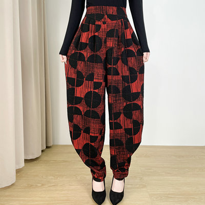 2025春秋新款高腰休闲裤红色大圆点大码裤子阔腿灯笼裤宽松萝卜裤